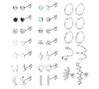 JeweBella 19 Pairs Flat Back Earrings for Women Men Surgical Steel Small Earrings Set Hypoallergenic Stud Hoop Cartilage Earrings Star Moon Zirconia Tiny Helix Piercing Earrings Set for Multiple
