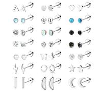 JeweBella 21 Pairs Hypoallergenic Flat Back Earrings for Women Men - Silver/Gold Stud Set, Small Surgical Steel, Star Zirconia Cartilage, Helix Piercing Sleeper