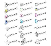 JeweBella 21 Pcs 20G Nose Stud Piercing 316L Surgical Steel for Women Men Hypoallergenic Small Colorful CZ Silver Nose Studs I Shaped/L Shaped/S Shaped Nose Stud Screw Nose Piercing Jewellery