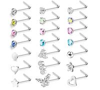 JeweBella 21 Pcs 20G Nose Stud Piercing 316L Surgical Steel for Women Men Hypoallergenic Small Colorful CZ Silver Nose Studs I Shaped/L Shaped/S Shaped Nose Stud Screw Nose Piercing Jewellery