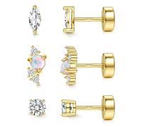 JeweBella 3 Pairs Flat Back Earrings Sterling Silver Earrings for Women 14K Gold Plated Stud Earrings Stack Dainty Small Cubic Zirconia Ball Heart Flat Back Studs Gold/Silver