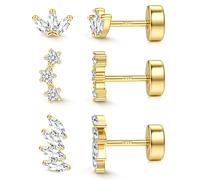 JeweBella 3 Pairs Flat Back Earrings Sterling Silver Earrings for Women 14K Gold Plated Stud Earrings Stack Dainty Small Cubic Zirconia Ball Heart Flat Back Studs Gold/Silver