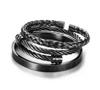 JeweBella 3 PCS Mens Bracelets Stainless Steel Bangle Silver Gold Black | Adjustable roman numeral bangles, waterproof metal wrist cuff bracelet set stack, non tarnish luxury jewellery gift