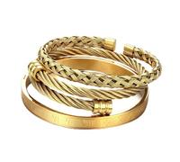 JeweBella 3 PCS Mens Bracelets Stainless Steel Bangle Silver Gold Black | Adjustable roman numeral bangles, waterproof metal wrist cuff bracelet set stack, non tarnish luxury jewellery gift