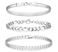 JeweBella 3 Pcs Silver Bracelet for Men Stainless Steel Figaro Herringbone Chain Bracelet Set Sturdy Curb Mens Bracelets Gold/Silver Mens Jewellery Gifts 19/21/23CM