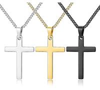 JeweBella 3PCS Cross Pendant Necklaces for Men Women Stainless Steel Smooth Cross Necklace Set Cross Cuban Chain Necklaces Religious Gifts Jewellery for Boy Silver/Gold/Black