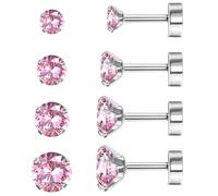 JeweBella 4 Pairs G23 Titanium Earrings Hypoallergenic Flat Back Earrings Cubic Zirconia Titanium Stud Earring for Women Men Silver Helix Cartilage Tragus Sleeper Earring for Multiple Piercings