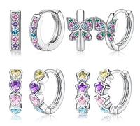 JeweBella 4 Pairs Small Silver Hoop Earrings for Women Girls Hypoallergenic Heart Star Butterfly Zirconia Cute Cartilage Huggie Sleeper Hoops for Kids Baby Tiny Hoop Earrings Set Pink/Blue/Purple