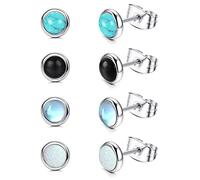 JeweBella 4 Pairs Stainless Steel Stud Earrings - Hypoallergenic Round Gemstone Set with White, Blue Opal, Turquoise, Moonstone, Black Onyx Earrings - 4MM/6MM