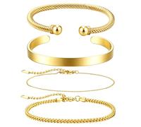 JeweBella 4Pcs Stainless Steel Bracelet for Men Adjustable Chain Bracelet | Open Cuff Bracelet, Stackable Bangle Bracelet Set, Mens Bracelets Jewellery Silver/Gold/Black