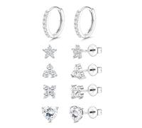 JeweBella 5 Pairs Silver Earrings for Women Hypoallergenic White Gold Plated Stud Hoops Earrings Set Dainty Studs Huggies Earings Sterling Silver Post Stud Hoop Earrings Sets for Multiple Piercings