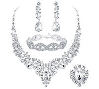 JeweBella 5PCS Bridal Wedding Jewellery Set for Women Crystal Teardrop Cluster Necklace Dangle Earrings and Zircon Bracelet Ring Set Wedding Engagement Bridesmaid Costume Dress Prom Jewellery
