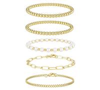 JeweBella 5Pcs Gold Silver Bracelet for Women 14K Gold Plated Bracelet Stack Set Adjustable Beaded Chain Pearl Bracelets Fashion Jewellery Gifts for Women