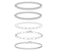 JeweBella 5Pcs Gold Silver Bracelet for Women 14K Gold Plated Bracelet Stack Set Adjustable Beaded Chain Pearl Bracelets Fashion Jewellery Gifts for Women