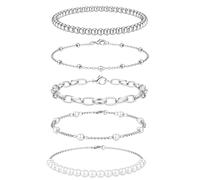 JeweBella 5Pcs Gold Silver Bracelet for Women 14K Gold Plated Bracelet Stack Set Adjustable Beaded Paperclip Chain Pearl Bracelets Fashion Jewellery Gifts for Women