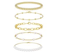 JeweBella 5Pcs Gold Silver Bracelet for Women 14K Gold Plated Bracelet Stack Set Adjustable Beaded Paperclip Chain Pearl Bracelets Fashion Jewellery Gifts for Women
