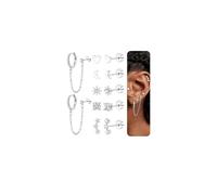 JeweBella 6 Pairs Flat Back Hypoallergenic Surgical Steel Earrings - Stud, Stack Chain, Hoop and Sleeper Cartilage Sets for Multiple Piercings
