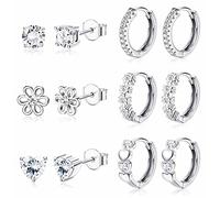 JeweBella 6 Pairs Small Earrings Set for Women Girls 925 Sterling Silver Post Stud and Hoop Earrings Set Hypoallergenic Zirconia Flower Heart Cute Cartilage Earrings for Kids Baby Pink/Purple/Blue