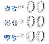 JeweBella 6 Pairs Small Earrings Set for Women Girls 925 Sterling Silver Post Stud and Hoop Earrings Set Hypoallergenic Zirconia Flower Heart Cute Cartilage Earrings for Kids Baby Pink/Purple/Blue