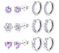 JeweBella 6 Pairs Small Earrings Set for Women Girls 925 Sterling Silver Post Stud and Hoop Earrings Set Hypoallergenic Zirconia Flower Heart Cute Cartilage Earrings for Kids Baby Pink/Purple/Blue