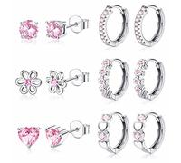 JeweBella 6 Pairs Small Earrings Set for Women Girls 925 Sterling Silver Post Stud and Hoop Earrings Set Hypoallergenic Zirconia Flower Heart Cute Cartilage Earrings for Kids Baby Pink/Purple/Blue