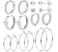 JeweBella 8 Pair Small Silver Earrings for Women Girls Surgical Steel Earrings Stud Earrings Set Hypoallergenic Silver Hoop Huggies Earrings Sleeper Cartilage Earrings Lightweight Big Hoop Earrings
