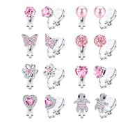 JeweBella 8 Pairs Clip On Earrings - Hypoallergenic Non-Pierced Zircon Pearl Butterfly Flower Star Cute Pink Clip Earrings for Kids