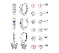 JeweBella 9 Pairs Earrings for Girls Women Stainless Steel Silver Cute Anti-Falling Screw Back Hypoallergenic Kids Earrings Studs Butterfly Flower Heart Star Pearl CZ Stud Huggie Hoop Earring Set
