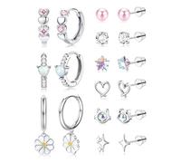 JeweBella 9 Pairs Earrings for Girls Women Stainless Steel Silver Cute Anti-Falling Screw Back Hypoallergenic Kids Earrings Studs Butterfly Flower Heart Star Pearl CZ Stud Huggie Hoop Earring Set