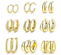 JeweBella 9 Pairs Small Gold Hoops - Chunky, Lightweight, Hypoallergenic Earrings