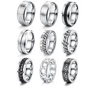 JeweBella 9 Piece Mens Rings Stainless Steel Rings Silver Polished Celtic Knot Vintage Biker Black Chain Rings Men Viking Gothic Rings Set Engagement Friendship Band Rings Men, Black,Green,Silver