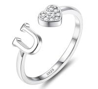 JeweBella 925 Sterling Silver Rings for Women Girls Adjustable Heart Initial Ring Stackable Thumb Ring Eternity Wedding Promise Engagement Rings A-Z Letter Rings Jewellery Gifts with Gift Box