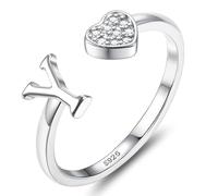 JeweBella 925 Sterling Silver Rings for Women Girls Adjustable Heart Initial Ring Stackable Thumb Ring Eternity Wedding Promise Engagement Rings A-Z Letter Rings Jewellery Gifts with Gift Box