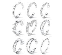 JeweBella 9PCS Non Tarnish Toe Rings for Women Adjustable Open Toe Ring Set 14K Gold Plated Cubic Zirconia Daisy Flower Heart Stacking Rings Waterproof Summer Beach Jewellery Silver Gold