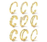 JeweBella 9PCS Non Tarnish Toe Rings for Women Adjustable Open Toe Ring Set 14K Gold Plated Cubic Zirconia Daisy Flower Heart Stacking Rings Waterproof Summer Beach Jewellery Silver Gold