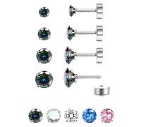JeweBella G23 Titanium Hypoallergenic Flat Back Cubic Zirconia Stud Earrings for Women Men - Silver Helix Cartilage Tragus Sleeper for Multiple Piercings (4 Pairs)