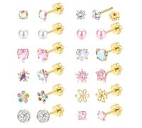 JeweBella Hypoallergenic Flat Back Earrings Surgical Steel for Girls Kids | Stud Earrings for Women Girls Kids,Screw Back Sleeper Earrings,Pearl Flower Heart CZ Cute Pink Earring Sets,20G,12/14Pairs