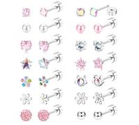 JeweBella Hypoallergenic Flat Back Earrings Surgical Steel for Girls Kids | Stud Earrings for Women Girls Kids,Screw Back Sleeper Earrings,Pearl Flower Heart CZ Cute Pink Earring Sets,20G,12/14Pairs