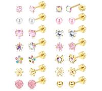 JeweBella Hypoallergenic Flat Back Earrings Surgical Steel for Girls Kids | Stud Earrings for Women Girls Kids,Screw Back Sleeper Earrings,Pearl Flower Heart CZ Cute Pink Earring Sets,20G,12/14Pairs