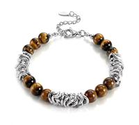JeweBella Mens Beaded Bracelets Adjustable Tigers Eye Black Onyx Crystal Natural Stone Silver Gold Stainless Steel Bracelet Men's Bracelets Jewellery Gifts for Him Dad Husband Brother Boys