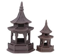 JEWEDECO 2pcs Brown Ceramic Mini Pavilions Micro-landscape Decors Hexagonal Shape Classic Style Home Decoration Accessories for Zen and Tea Table