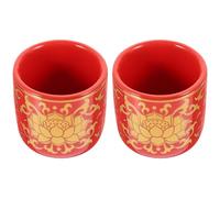 JEWEDECO 2pcs Ceramic Buddhist Worship Cups for Home Decoration, Red Round Temple Altar Cups with Relief Lotus Flower Design, Art Craft Decoration Without Burrs, Water Offering Bowls