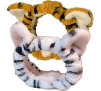 JEWEDECO 2pcs Plush Tiger Ear Headbands for Women, Wide Soft Stretch Spa Hairbands for Face Washing and Skincare, Elastic Makeup Hair Wraps in White and Yellow