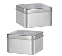 JEWEDECO 2pcs Tinplate Candy Containers Multipurpose Storage Boxes 3.54x3.54x2.16inch Square Design with Rounded Corners Elegant Silver Exterior Portable Size for Packaging Boxes