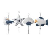 JEWEDECO 4pcs Blue Plastic Mediterranean Style Coat Hooks for Hanging Coat and Key with Lovely Sea Shape Design, Sturdy Wall Hangers for Home Decoration and Organising