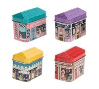 JEWEDECO 4pcs Mini Tinplate Candy Storage Boxes, Small House Pattern Tin Containers for Kitchen, Bedroom, Dried Fruit and Flower Tea, Cartoon Design Assorted style