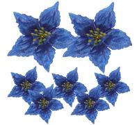JEWEDECO 7pcs Blue Pe Christmas Artificial Flowers with Glitter Effect and Lightweight Design for Holiday Party and Festival Decoration