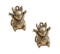 JEWEDECO Brass Mouse Keychain Pendant 2pcs Small Zodiac Animal Hanging Decor for Diy Craft and Home Office Accessories in Antique Style