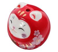 JEWEDECO Ceramic Lucky Cat Figurine Small Desktop Decor with Blessing Meaning and Not Easy to Fall, Cartoon Style Red Cat Statue for Study Rooms