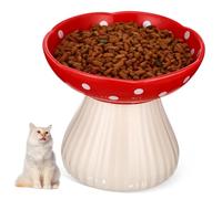 JEWEDECO Elevated Ceramic Cat Bowl Raised Food Bowl Wide Whisker-friendly Pet Feeder Indoor Feeding Supplies for Cats with Red Mushroom Design